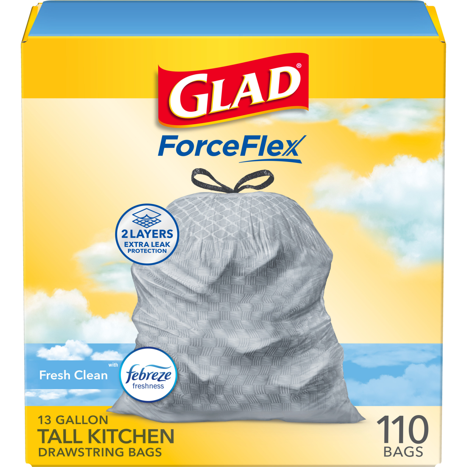 slide 1 of 8, Glad Force Flex Drawstring Fresh Clean Odor Shield 13 Gallon 110ct, 110 ct