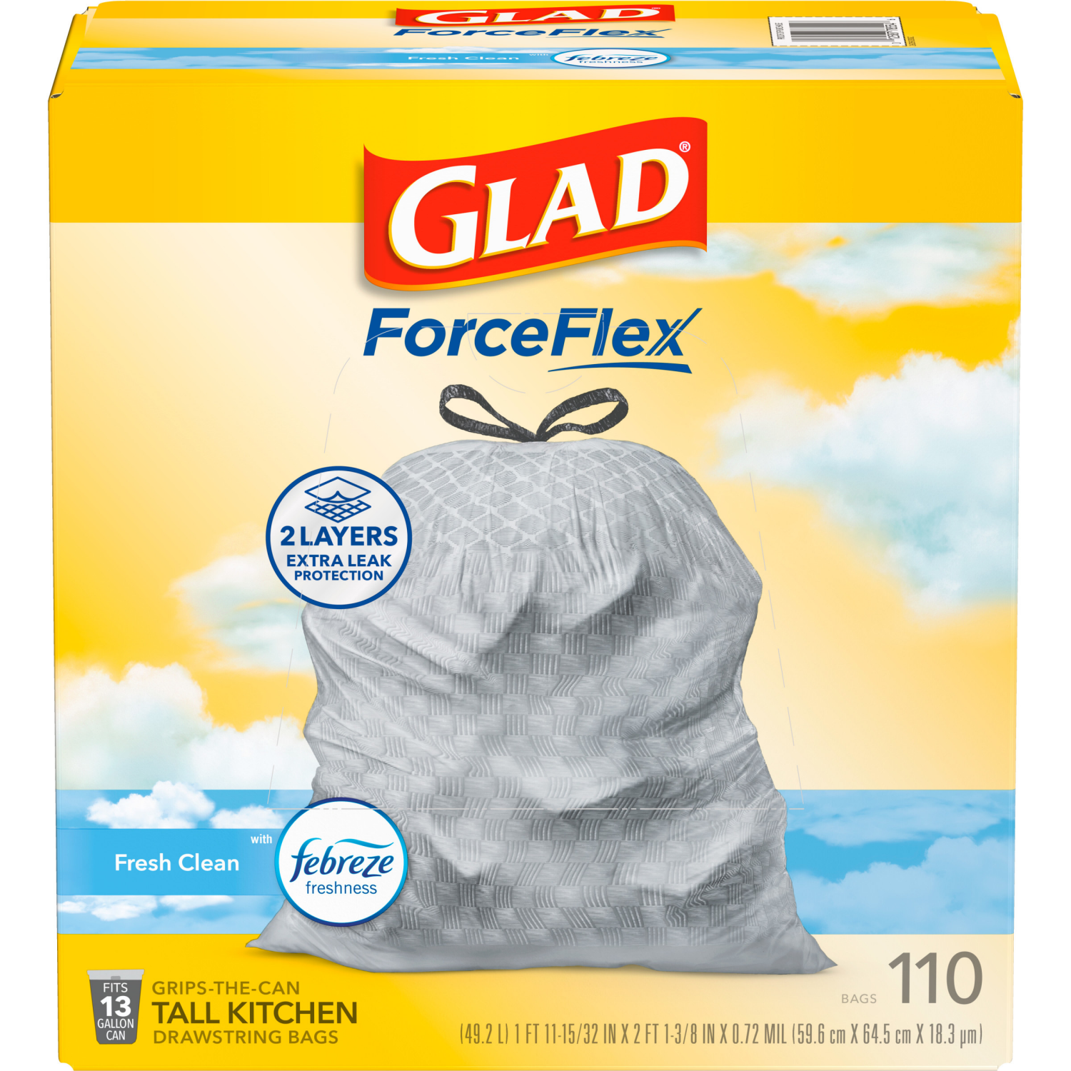 slide 6 of 8, Glad Force Flex Drawstring Fresh Clean Odor Shield 13 Gallon 110ct, 110 ct