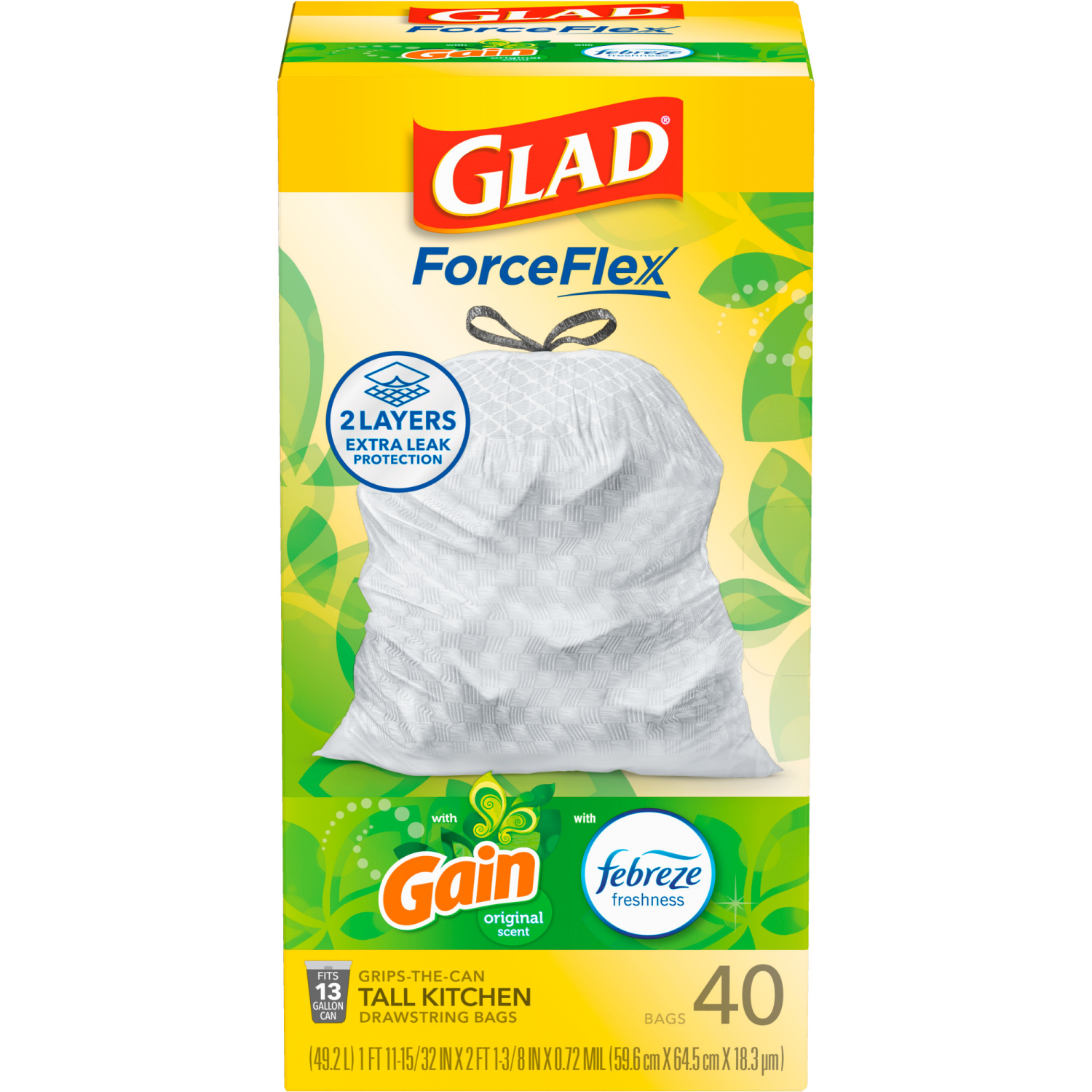 slide 6 of 8, Glad Force Flex Drawstring Gain Original Odor Shield 13 Gallon 40ct, 40 ct