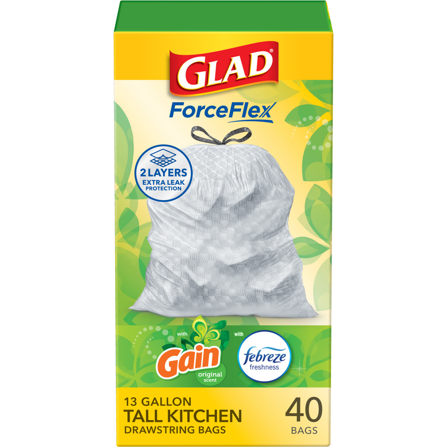 slide 1 of 8, Glad Force Flex Drawstring Gain Original Odor Shield 13 Gallon 40ct, 40 ct
