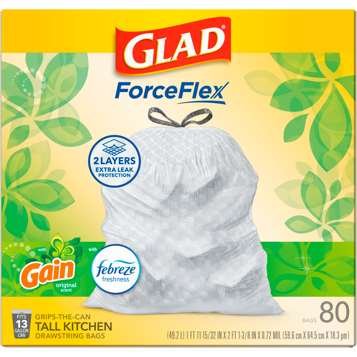 slide 2 of 8, Glad Force Flex Drawstring Gain Original Odor Shield 13 Gallon 80ct FM01, 80 ct