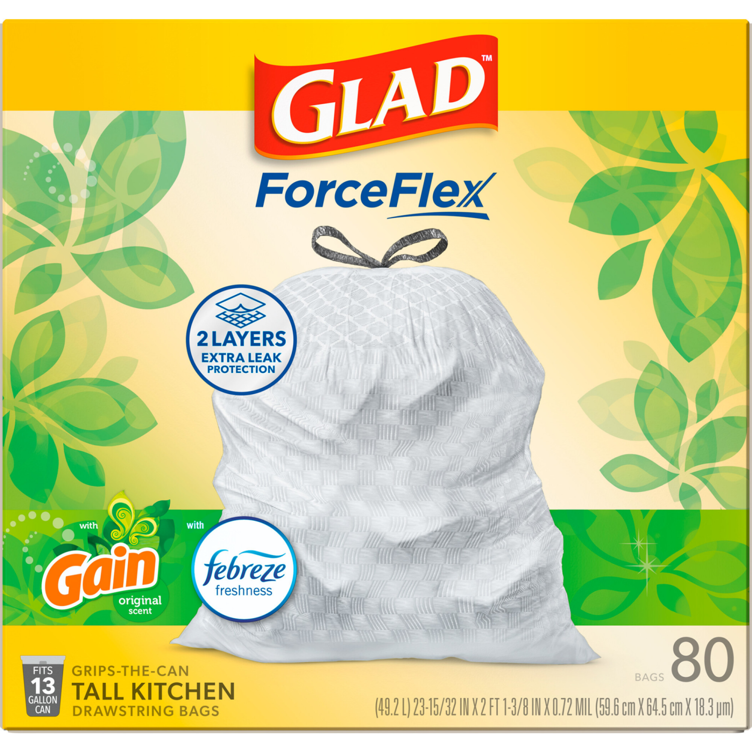 slide 2 of 8, Glad Force Flex Drawstring Gain Original Odor Shield 13 Gallon 80ct FM01, 80 ct