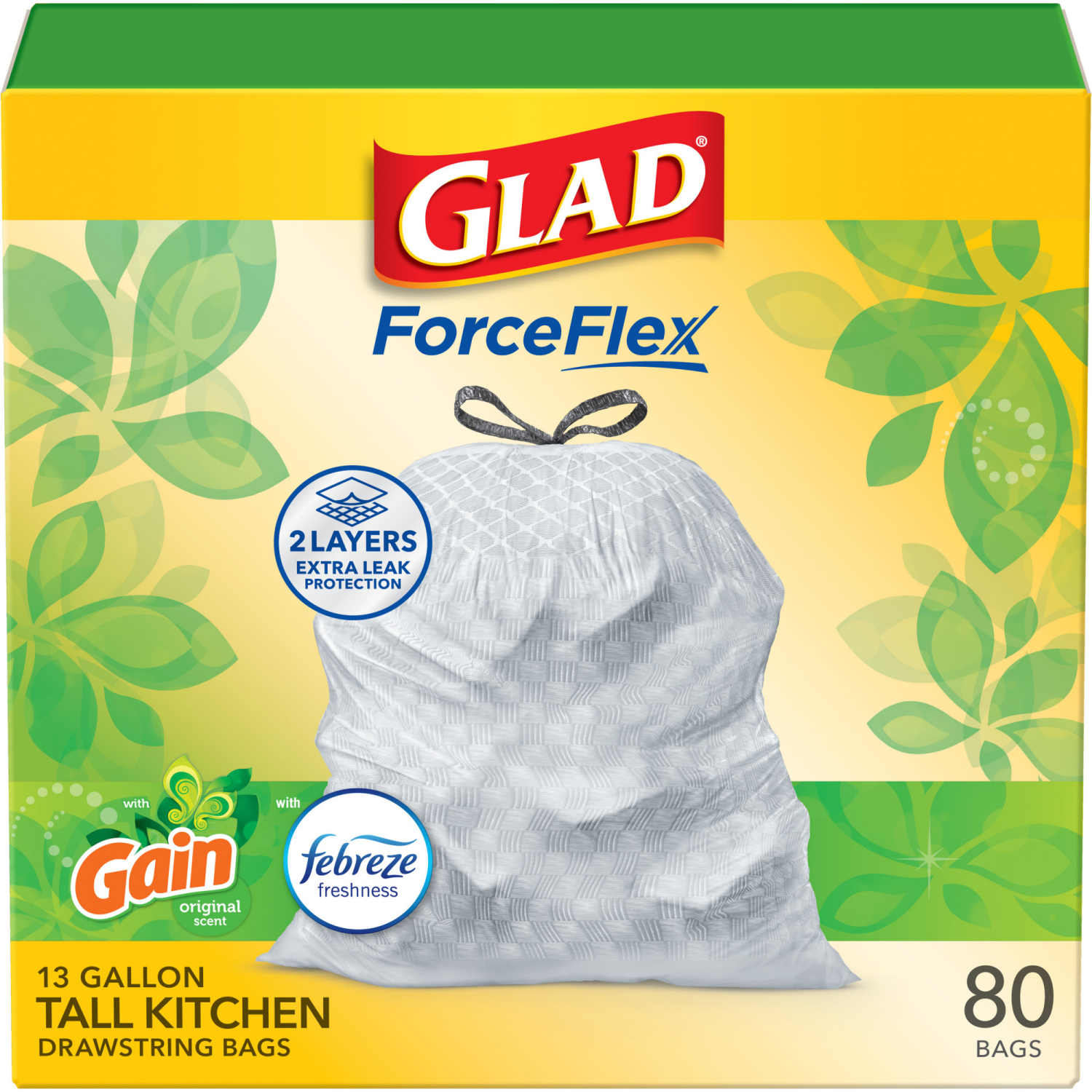 slide 1 of 8, Glad Force Flex Drawstring Gain Original Odor Shield 13 Gallon 80ct FM01, 80 ct