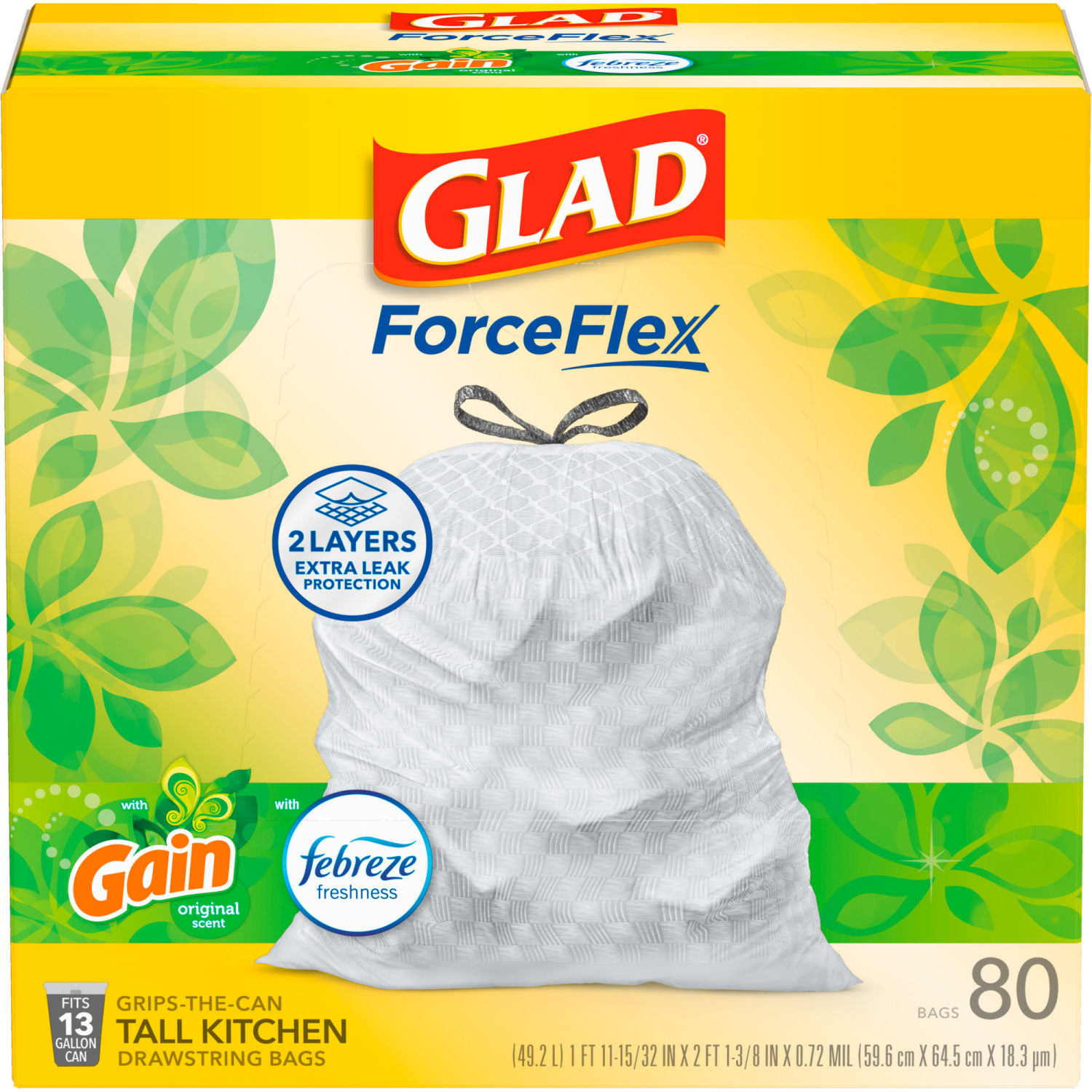 slide 6 of 8, Glad Force Flex Drawstring Gain Original Odor Shield 13 Gallon 80ct FM01, 80 ct