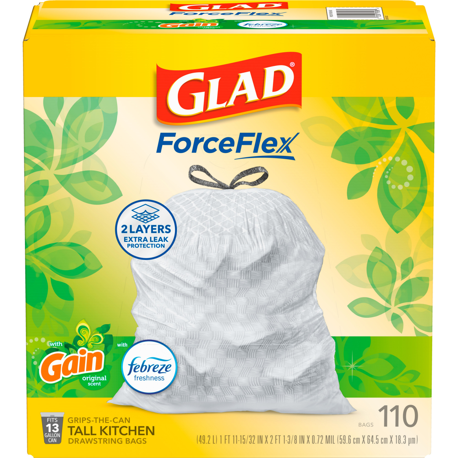 slide 6 of 8, Glad ForceFlex Tall Kitchen Drawstring Trash Bags – 13 Gallon White Trash Bag, Gain Original scent with Febreze Freshness – 110 Count (79098), 110 ct