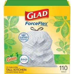 Glad ForceFlex Tall Kitchen Drawstring Trash Bags – 13 Gallon White Trash Bag, Gain Original scent with Febreze Freshness – 110 Count (79098)