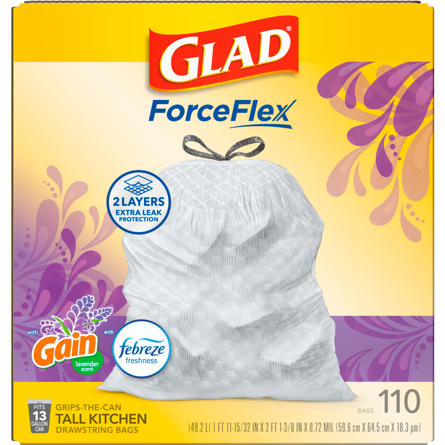 slide 2 of 8, Glad Force Flex Drawstring Gain Lavender Odor Shield 13gal 110ct, 110 ct