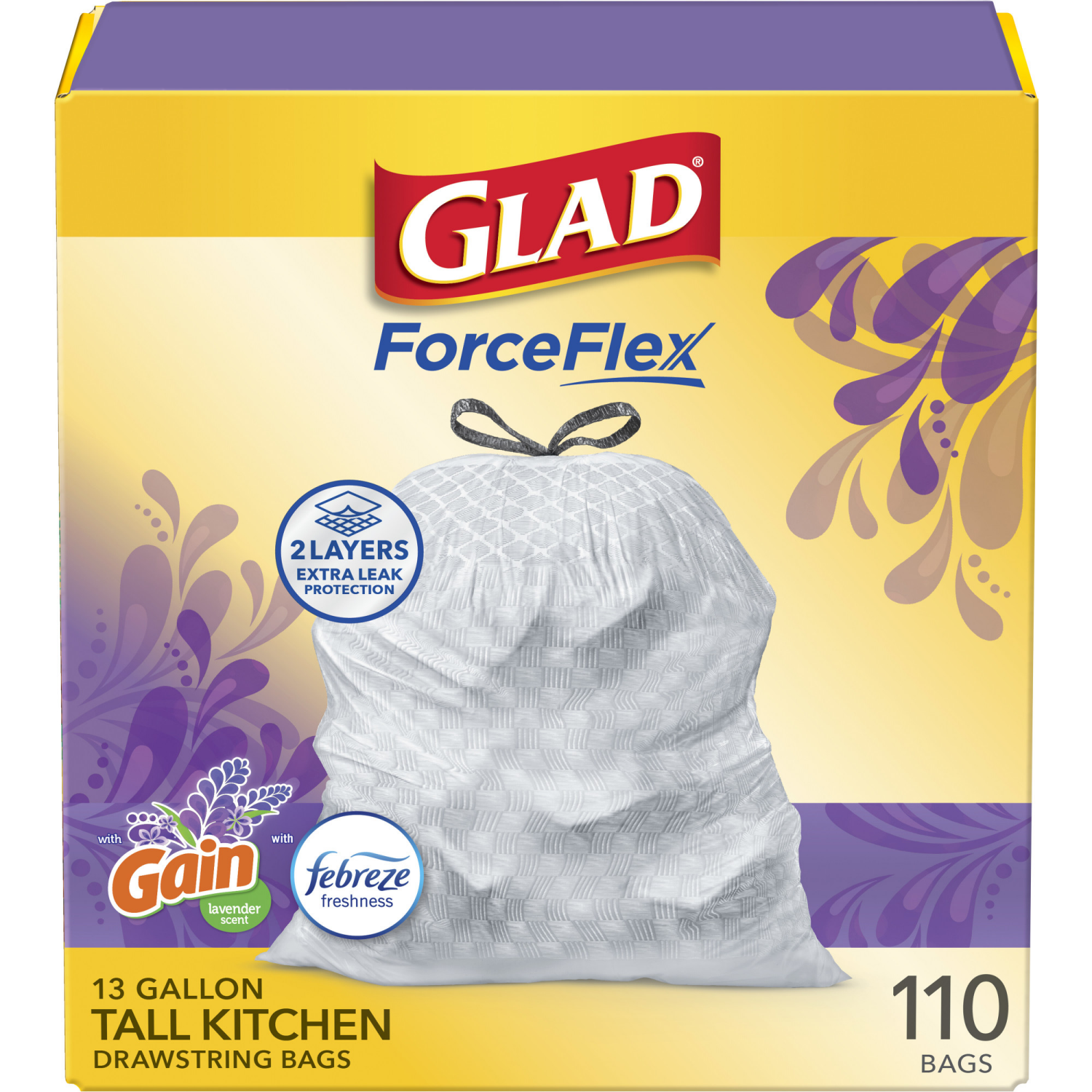slide 1 of 8, Glad Force Flex Drawstring Gain Lavender Odor Shield 13gal 110ct, 110 ct