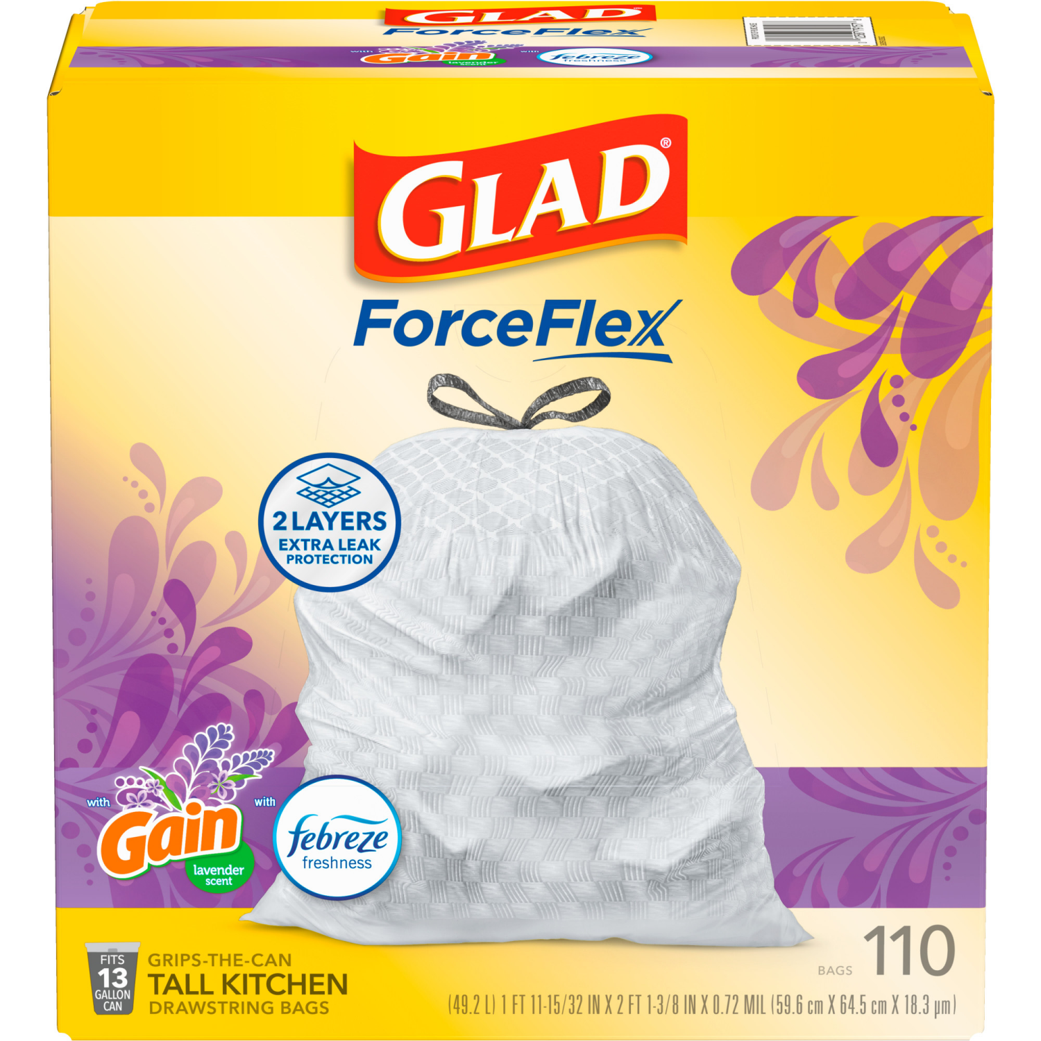 slide 6 of 8, Glad Force Flex Drawstring Gain Lavender Odor Shield 13gal 110ct, 110 ct