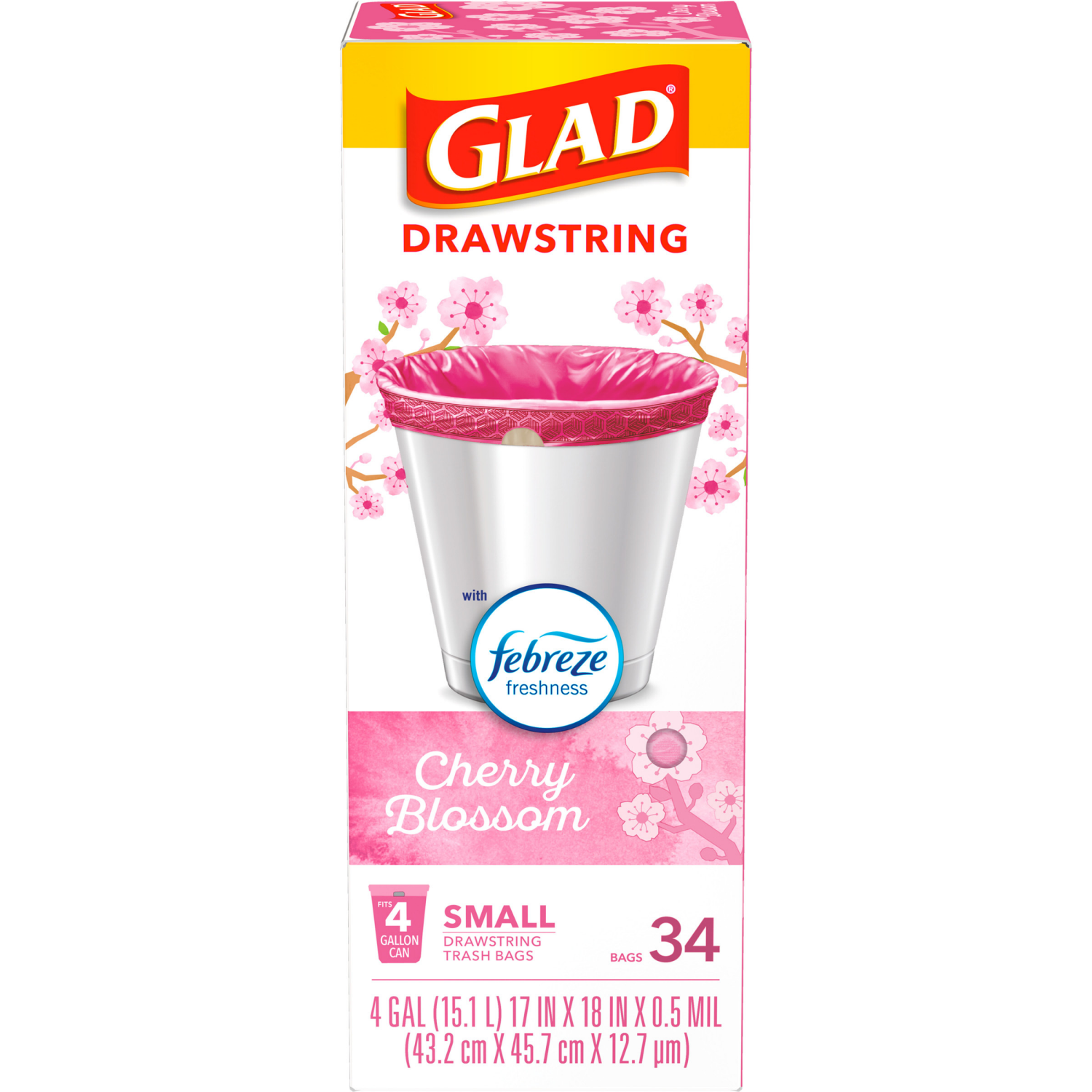 slide 6 of 8, Glad OdorShield Small Drawstring Trash Bags, 4 Gallon Trash Bag, Febreze Cherry Blossom, 34 Count, 34 ct