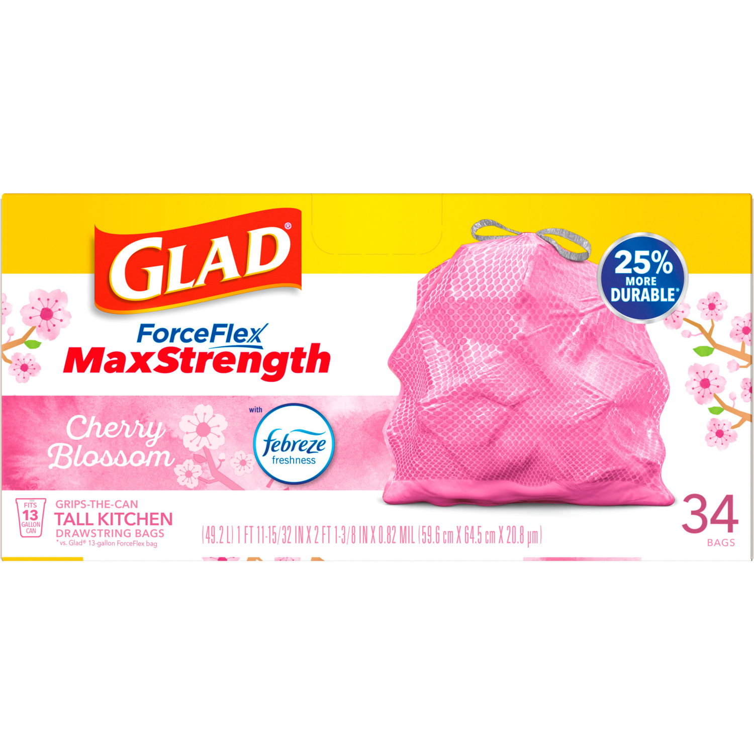 slide 3 of 8, Glad ForceFlexPlus Tall Kitchen Drawstring Febreze Cherry Blossom Trash Bags, 34 ct