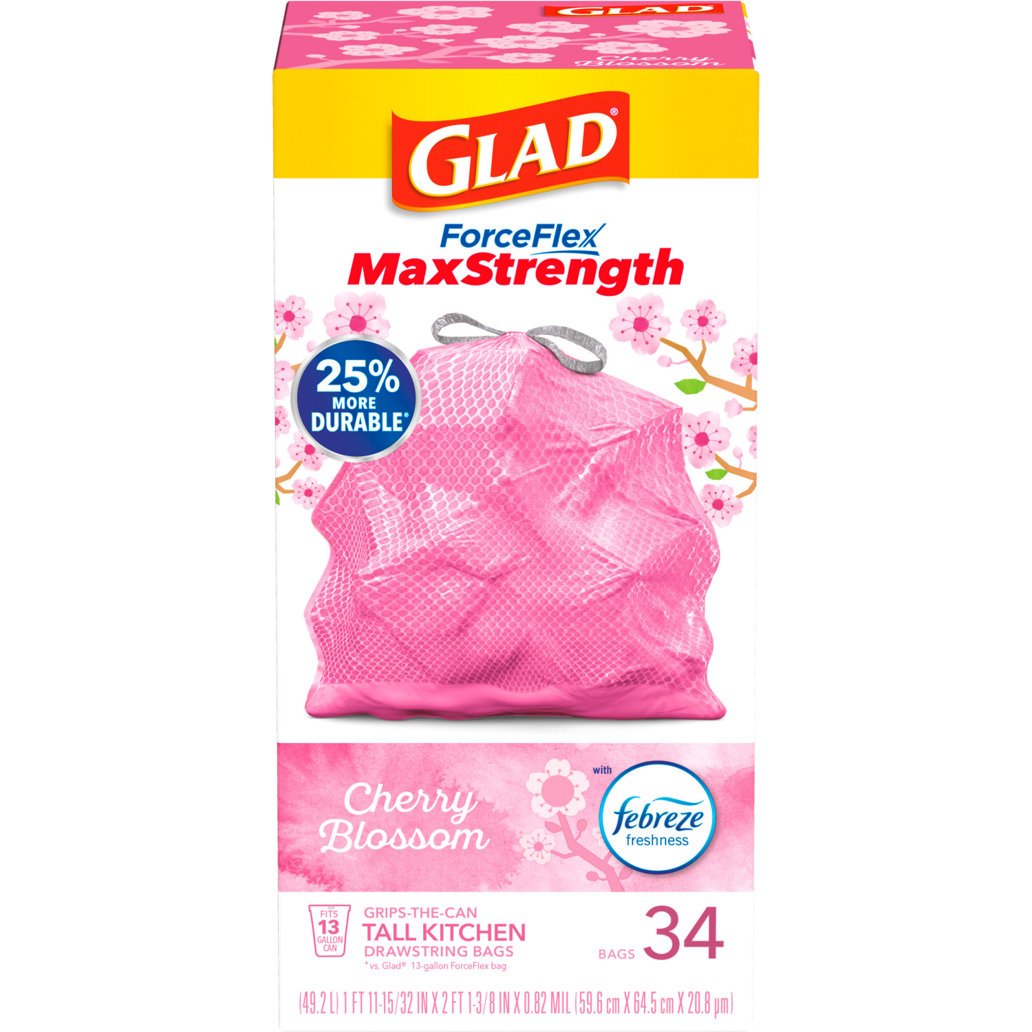 slide 6 of 8, Glad ForceFlexPlus Tall Kitchen Drawstring Febreze Cherry Blossom Trash Bags, 34 ct