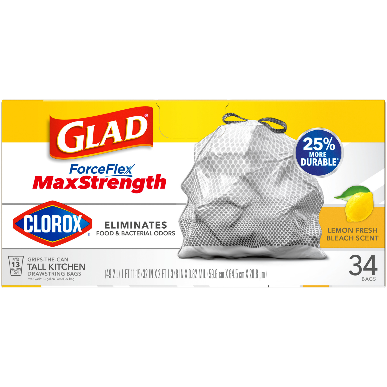 slide 3 of 8, Glad ForceFlexPlus with Clorox Tall Kitchen Drawstring Lemon Fresh Bleach Scent Trash Bags, 34 ct