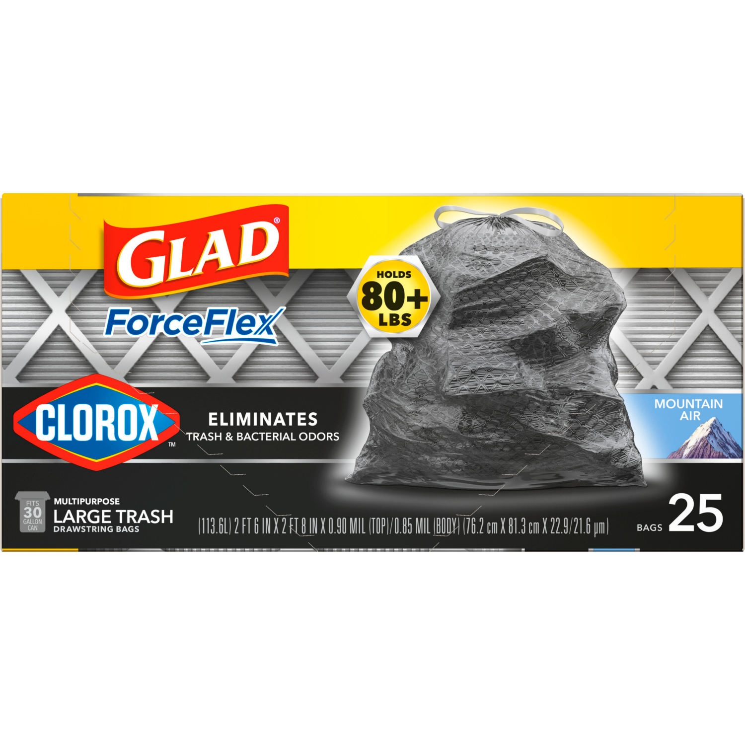 slide 3 of 8, Glad ForceFlex with Clorox Large Drawstring Mountain Air Trash Bags, 25 ct
