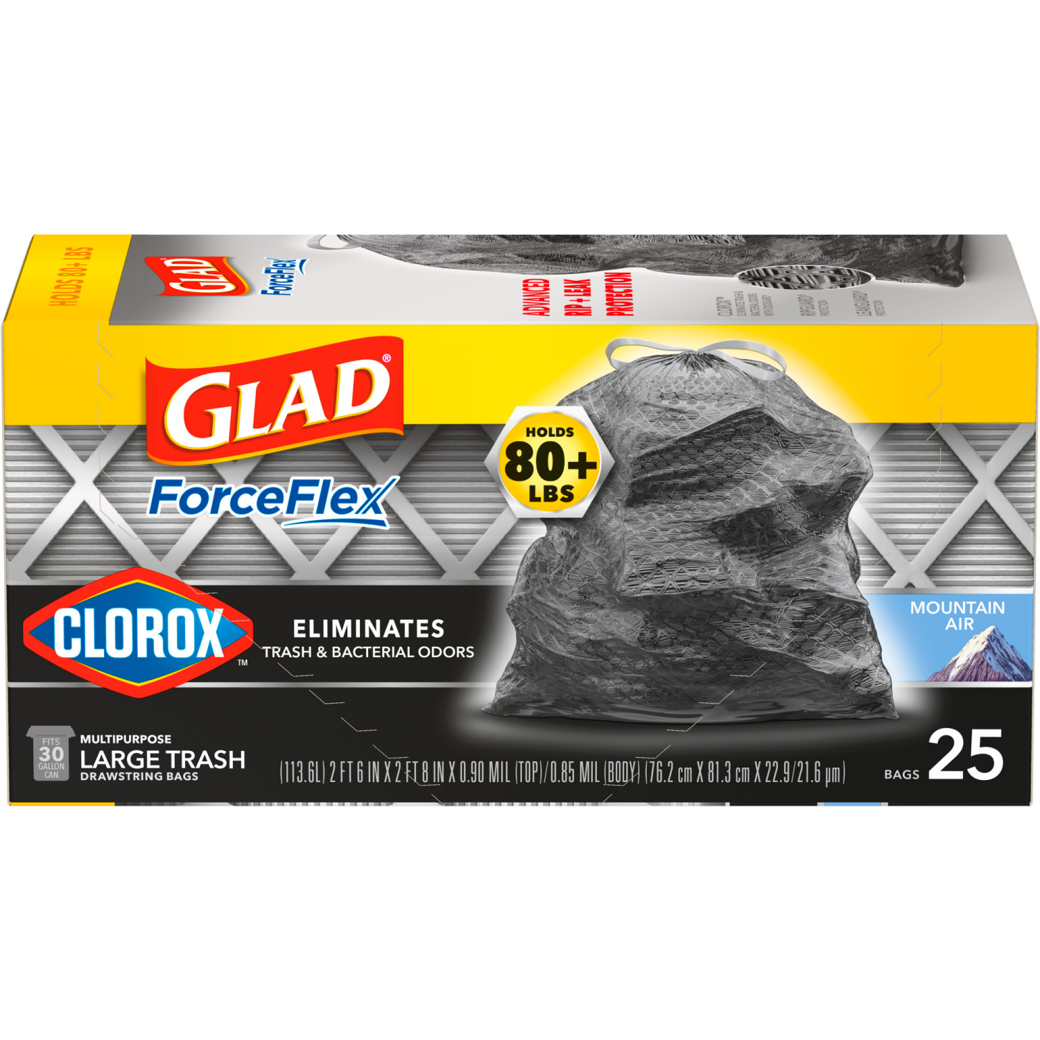 slide 6 of 8, Glad ForceFlex with Clorox Large Drawstring Mountain Air Trash Bags, 25 ct