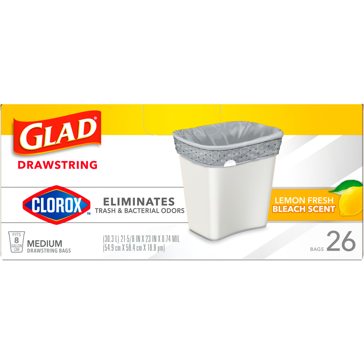 slide 2 of 8, Glad Medium Drawstring Trash Bags with Clorox, 8 Gallon Grey Trash Bags, Lemon Fresh Bleach Scent, 26 Count, 26 ct