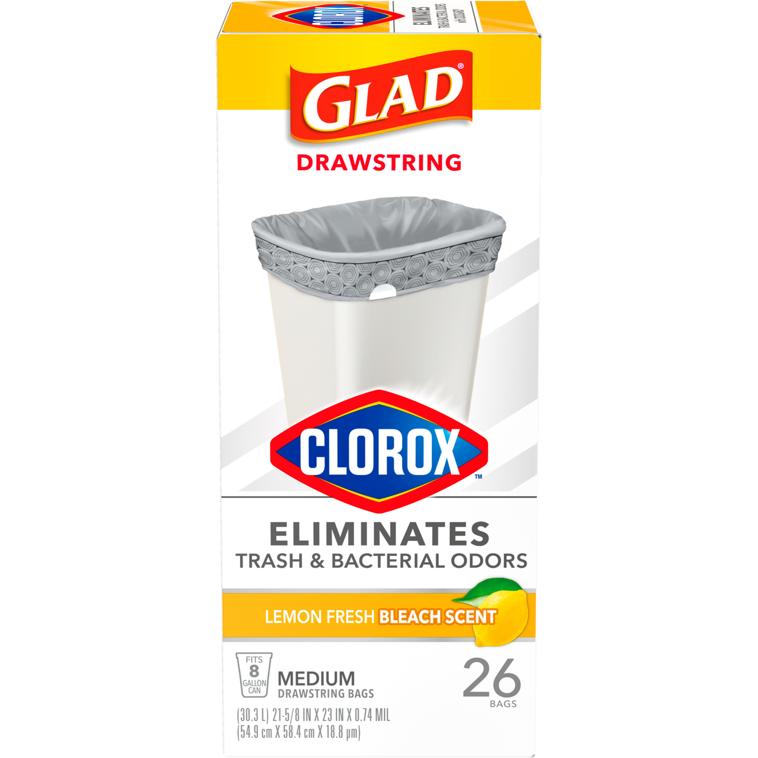 slide 6 of 8, Glad Medium Drawstring Trash Bags with Clorox, 8 Gallon Grey Trash Bags, Lemon Fresh Bleach Scent, 26 Count, 26 ct