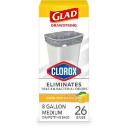 Glad Medium Drawstring Trash Bags with Clorox, 8 Gallon Grey Trash Bags, Lemon Fresh Bleach Scent, 26 Count