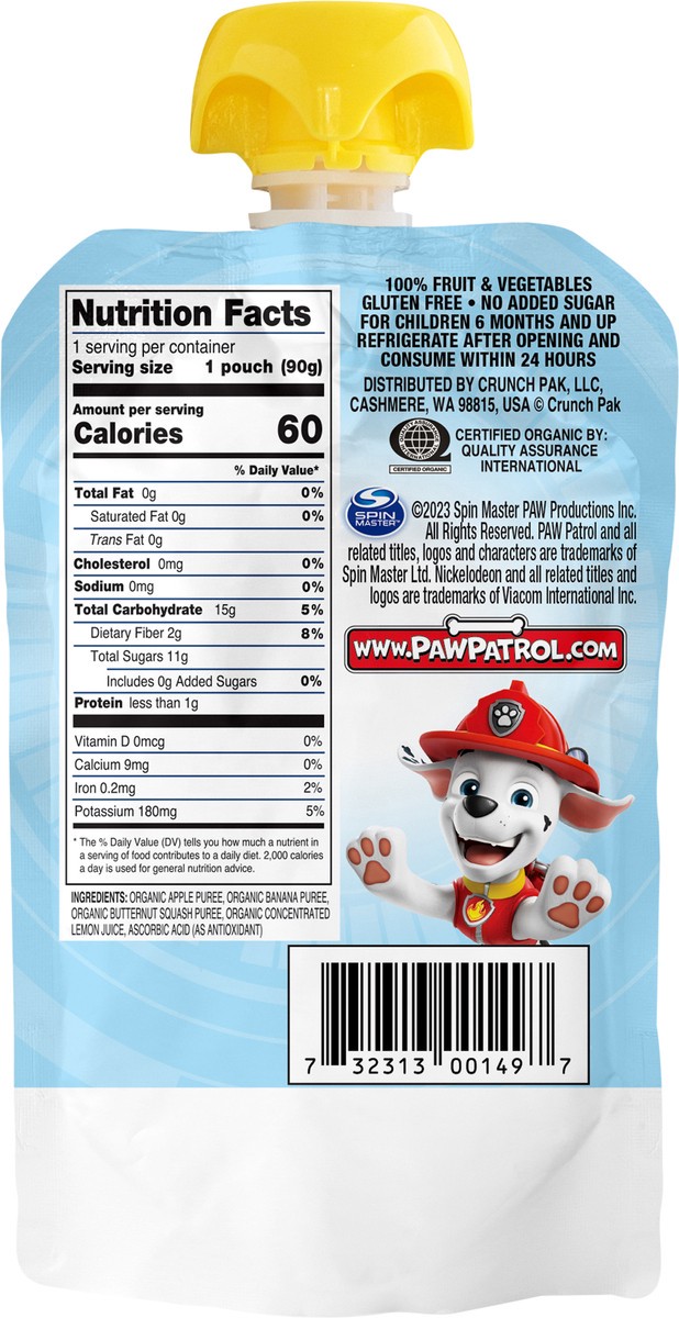 slide 6 of 7, Crunch Pak Organic Purée PAW Patrol Apple Banana Butternut Squash Pouch, 3.2 oz