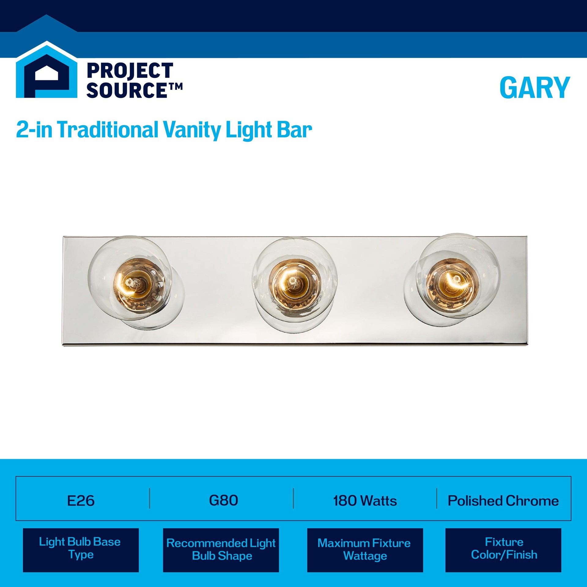slide 6 of 6, Project Source 2-in 3 -Light Polished Chrome Traditional Vanity light bar, 1 ct