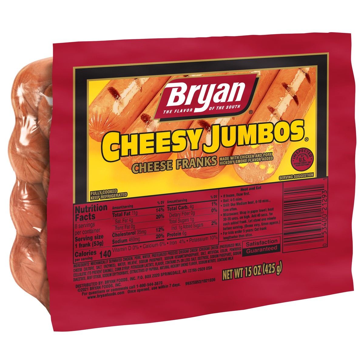 slide 2 of 3, Bryan Cheesy Jumbos Cheese Hot Dogs, 8 Count, 425.24 g