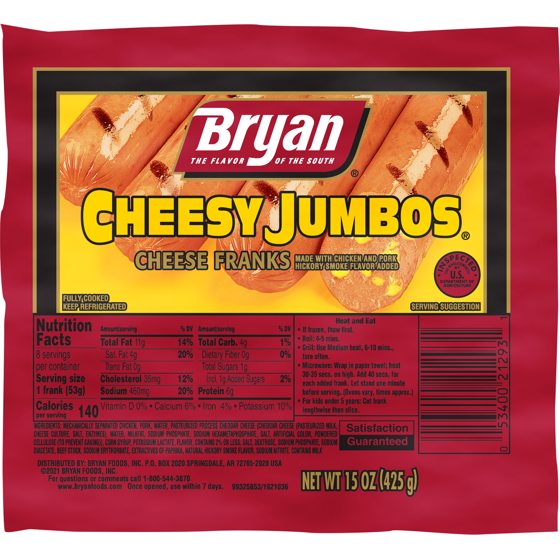 slide 1 of 3, Bryan Cheesy Jumbos Cheese Hot Dogs, 8 Count, 425.24 g