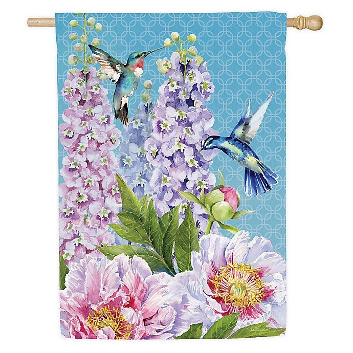 slide 1 of 1, Evergreen Peonies & Hummingbirds Double-Sided Garden Flag, 1 ct