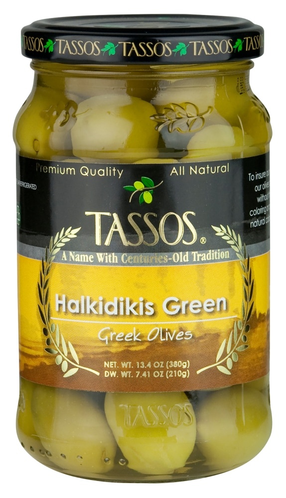 slide 1 of 1, Tassos Halkidikis Green Olives, 13 oz