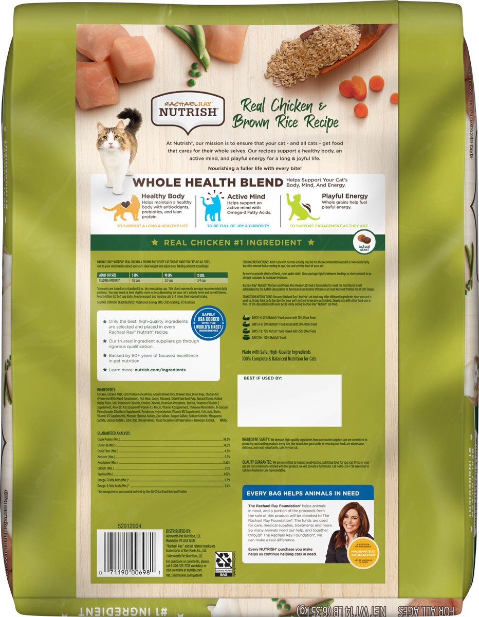 slide 7 of 8, Rachael Ray Nutrish Real Chicken & Brown Rice Recipe, Dry Cat Food, 14 lb. Bag, 14 lb