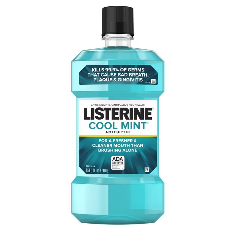 slide 16 of 16, Listerine Antiseptic Mouthwash for Bad Breath and Plaque Cool Mint - 1.5L, 1.5 liter