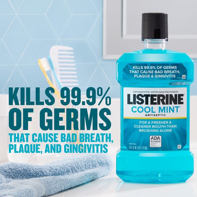 slide 5 of 16, Listerine Antiseptic Mouthwash for Bad Breath and Plaque Cool Mint - 1.5L, 1.5 liter