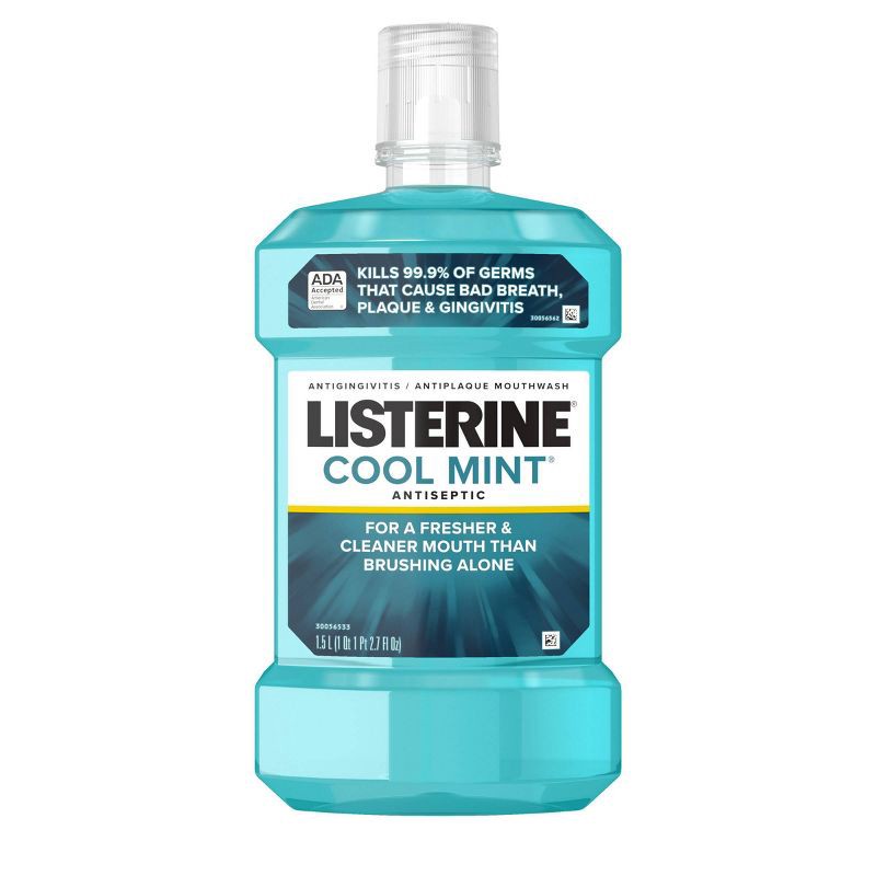 slide 1 of 10, Listerine Antiseptic Mouthwash for Bad Breath and Plaque Cool Mint - 1.5L, 1.5 liter