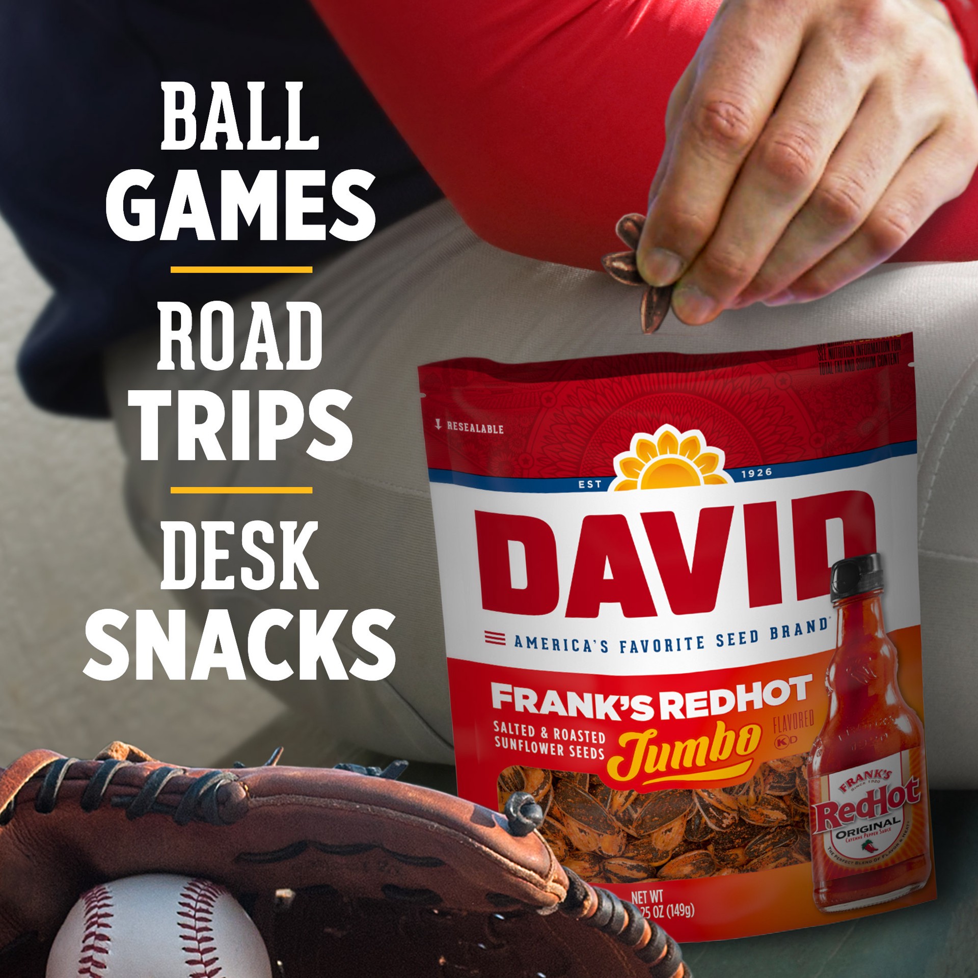 slide 3 of 5, DAVID Jumbo Salted & Roasted Frank's RedHot Flavored Sunflower Seeds Jumbo 5.25 oz, 5.25 oz