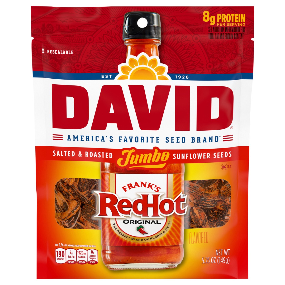 slide 1 of 5, DAVID Jumbo Salted & Roasted Frank's RedHot Flavored Sunflower Seeds Jumbo 5.25 oz, 5.25 oz