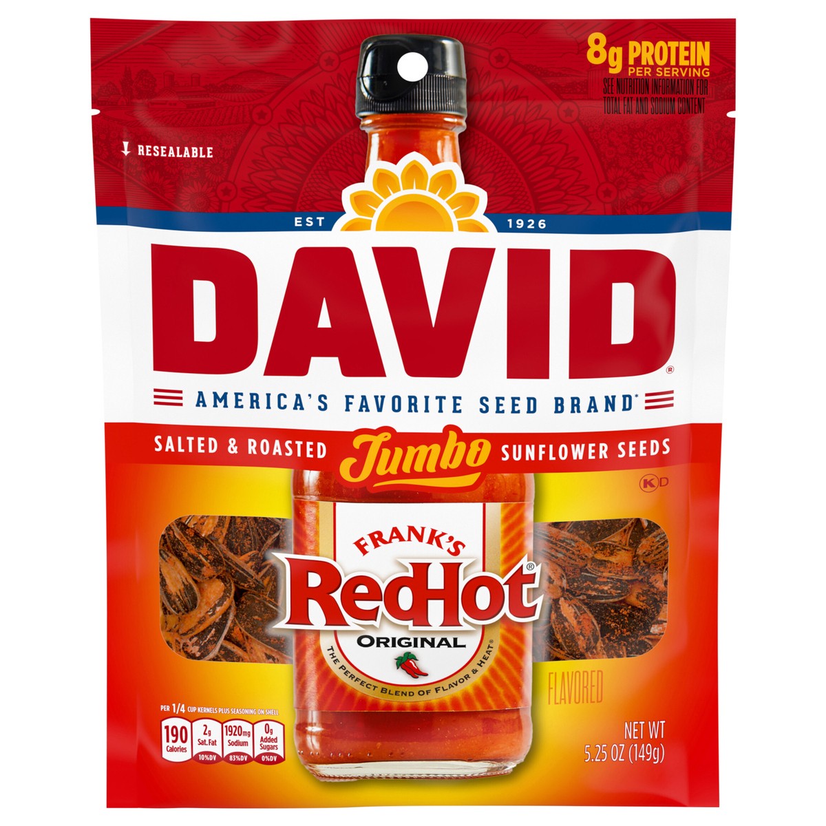 slide 1 of 5, DAVID Jumbo Salted & Roasted Frank's RedHot Flavored Sunflower Seeds Jumbo 5.25 oz, 5.25 oz