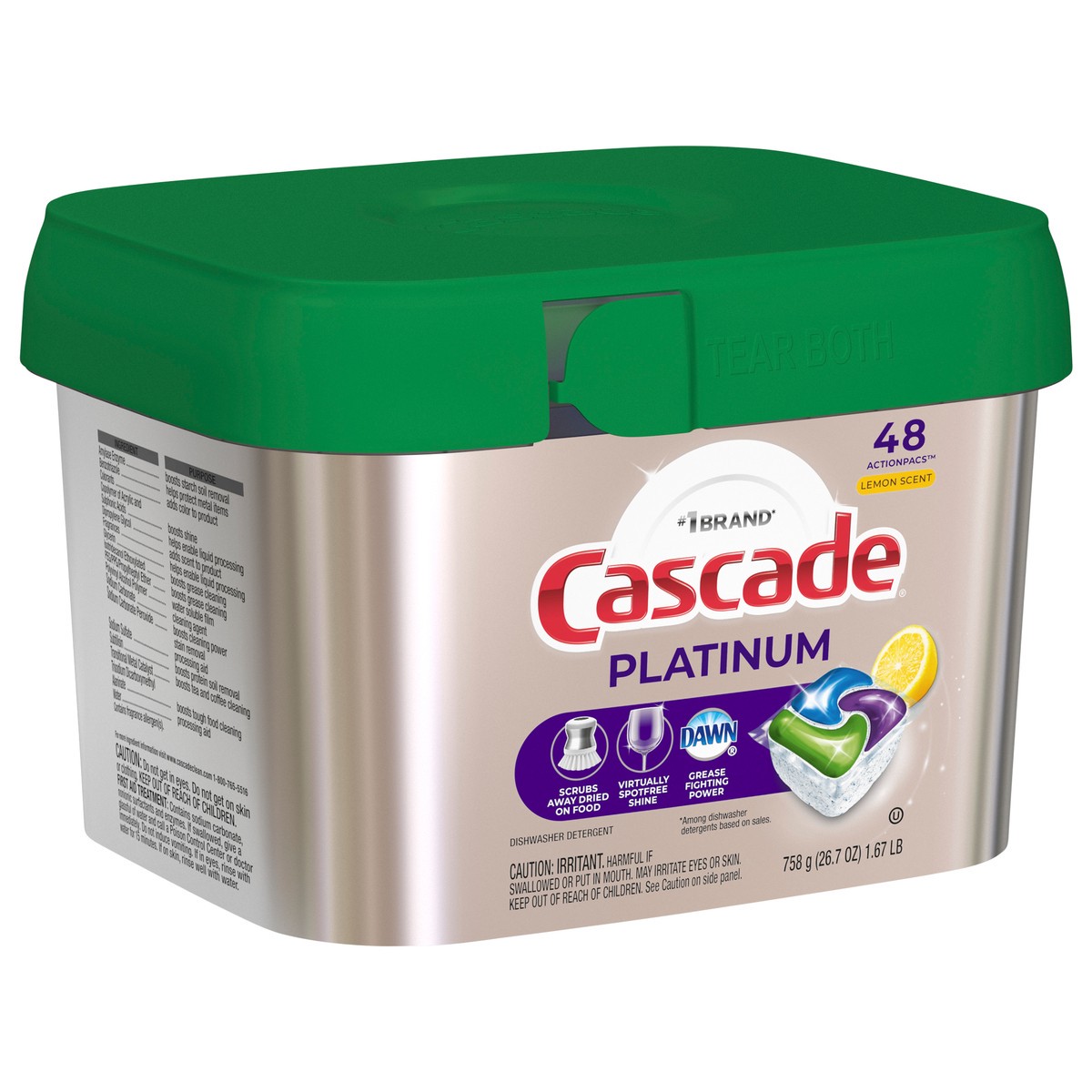 slide 2 of 5, Cascade Platinum Dishwasher Pods, Dish Detergent ActionPacs, Clean Lemon, 48 Count, 48 ct