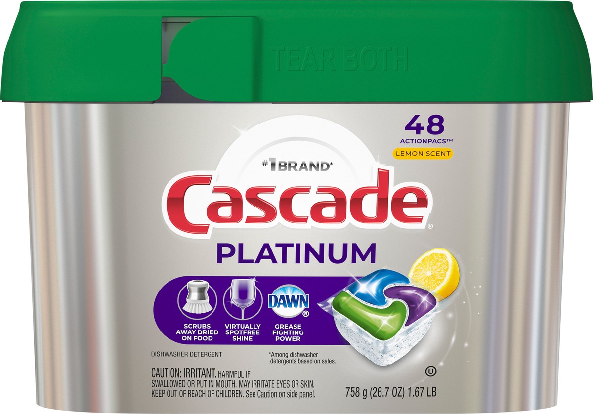 slide 5 of 5, Cascade Platinum Dishwasher Pods, Dish Detergent ActionPacs, Clean Lemon, 48 Count, 48 ct