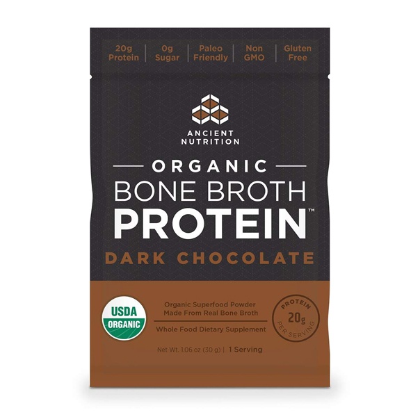 slide 1 of 1, Ancient Nutrition Dark Chocolate Organic Bone Broth Protein Powder, 1.06 oz