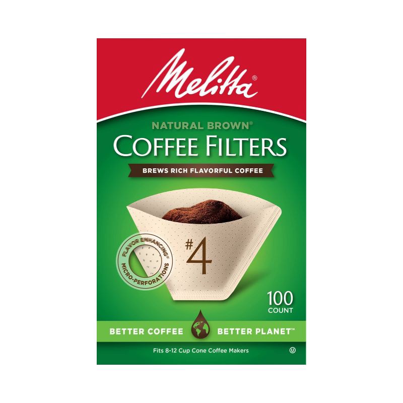 slide 1 of 9, Melitta Natural Brown #4 Coffee Filter 100ct: Paper Filters for 8-12 Cup Drip Coffee Makers, Disposable, 6"x4", 100 ct