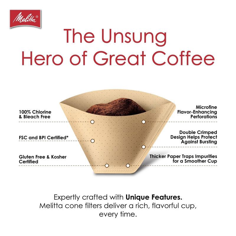 slide 9 of 9, Melitta Natural Brown #4 Coffee Filter 100ct: Paper Filters for 8-12 Cup Drip Coffee Makers, Disposable, 6"x4", 100 ct
