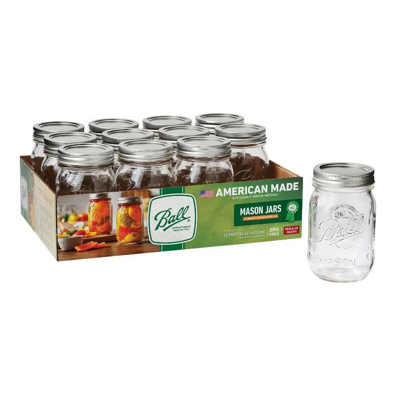 slide 1 of 7, Ball 16oz 12pk Glass Regular Mouth Mason Jar with Lid and Band, 12 ct; 16 oz