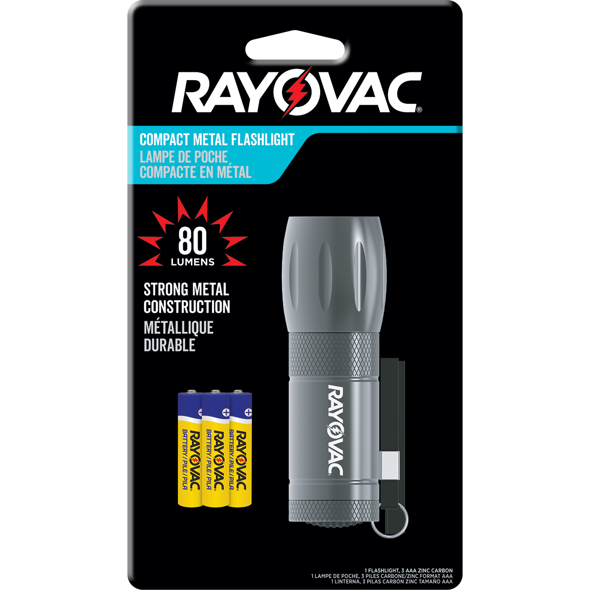 slide 1 of 3, Rayovac Compact Metal LED Flashlight, 80 Lumen, Durable Emergency Light, Batteries Included, 1 ct