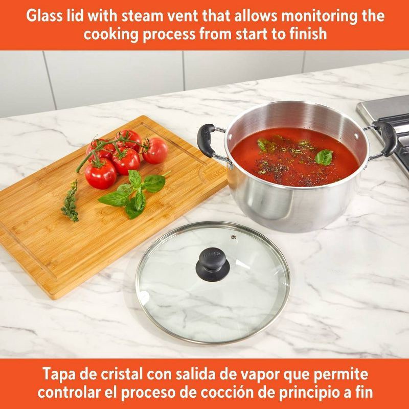 slide 5 of 6, IMUSA 8qt Aluminum Pot with Glass Lid and Bakelite Handles: Medium Soup Pot, Stay-Cool Handle, Even-Heating, 8 qt