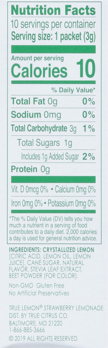 slide 8 of 9, True Lemon Packets Lemonade Strawberry Drink Mix 10 ea, 10 ct