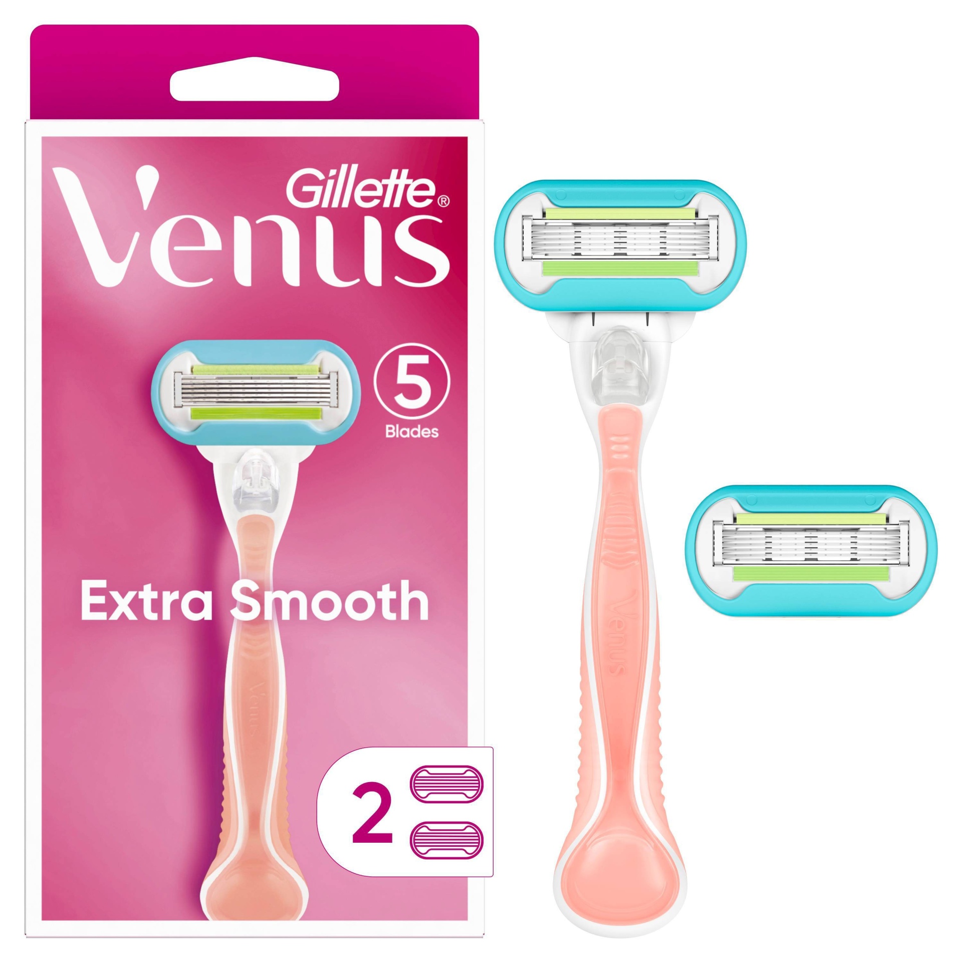 slide 1 of 6, Venus Extra Smooth Pink Women's Razor + 2 Razor Blade Refills, 1 ct