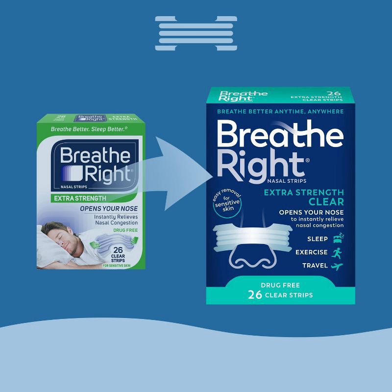 slide 3 of 6, Breathe Right Extra Strength Drug-Free Clear Nasal Strips - 26ct, 26 ct