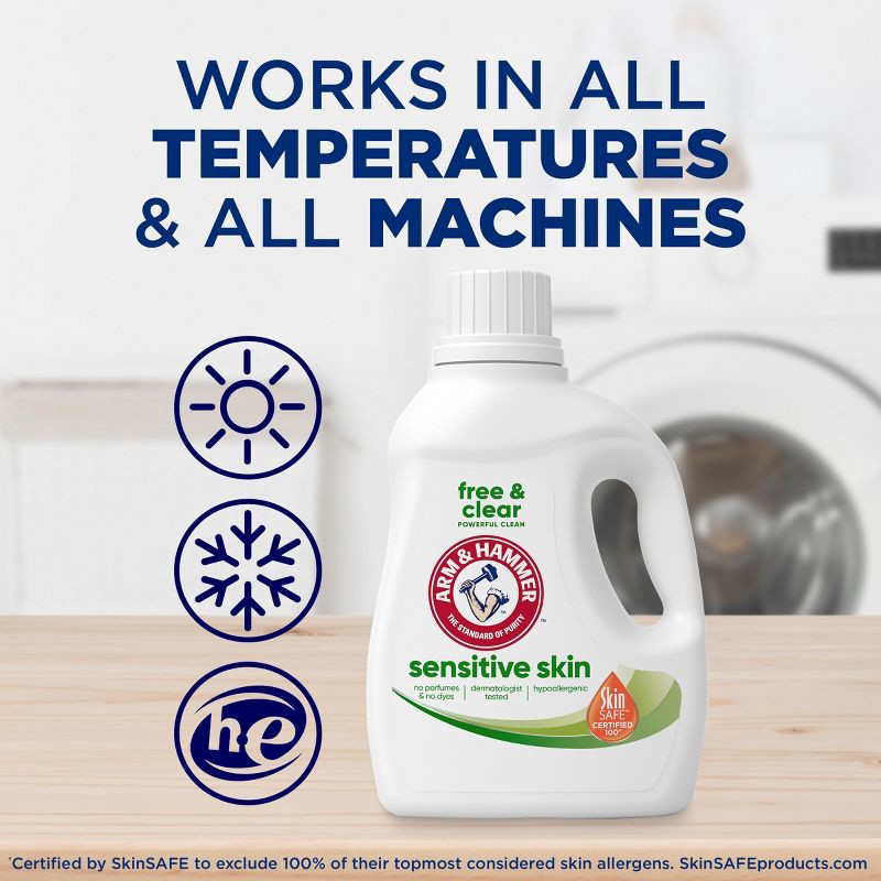slide 9 of 13, Arm & Hammer Free & Clear Sensitive Skin HE Liquid Laundry Detergent 105 Loads - 105 fl oz, 105 fl oz