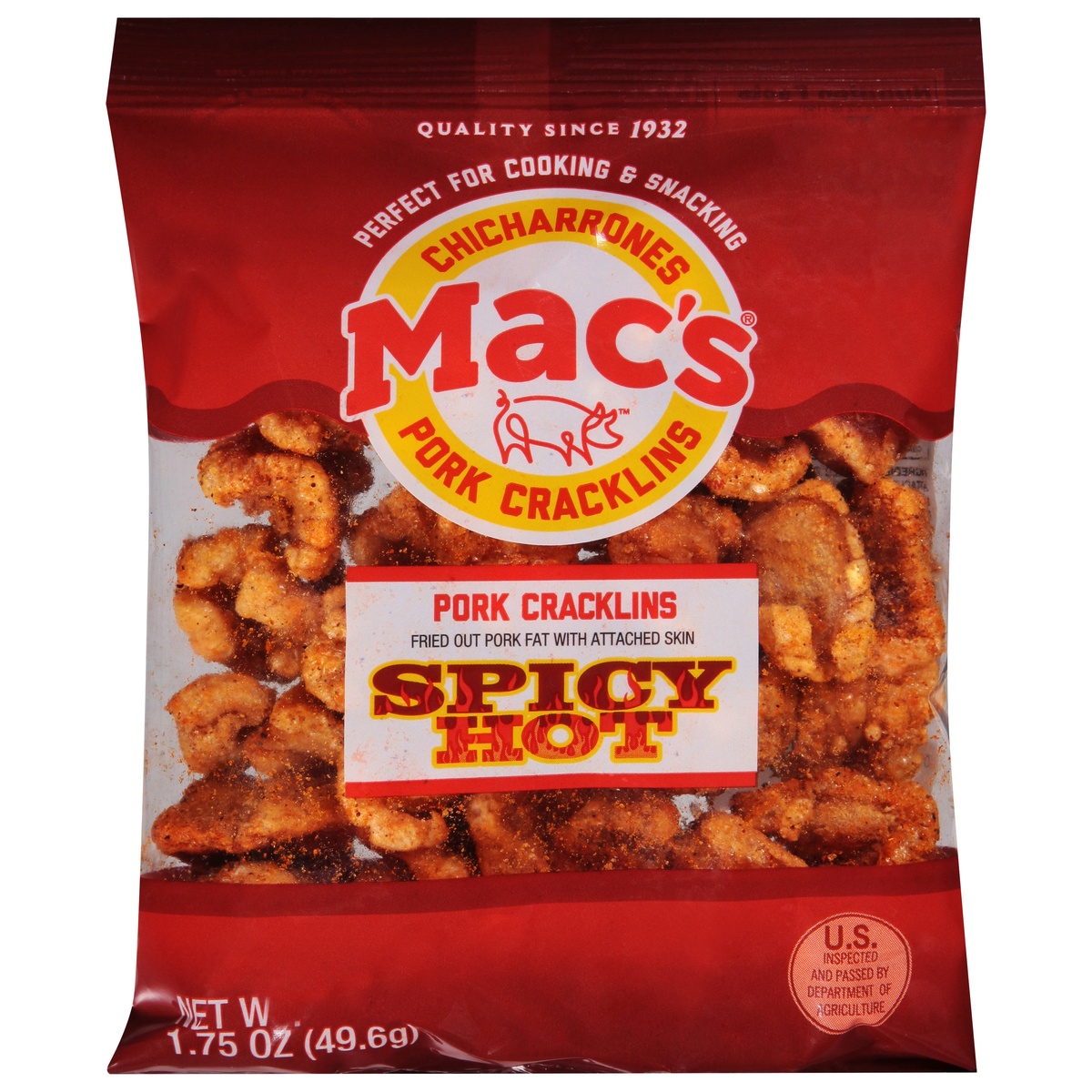 slide 1 of 1, Mac's Pork Cracklins Spicy Hot, 1.75 oz