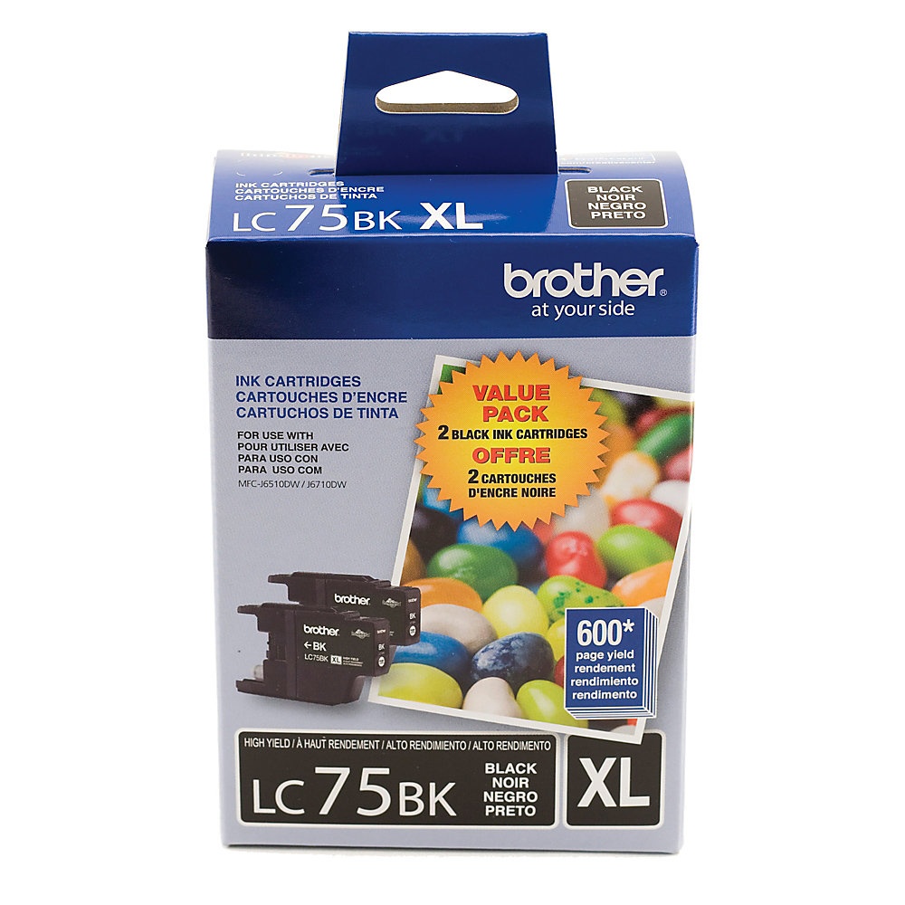 slide 1 of 3, Brother Lc75Bk High-Yield Black Ink Cartridges, Pack Of 2, 2 ct