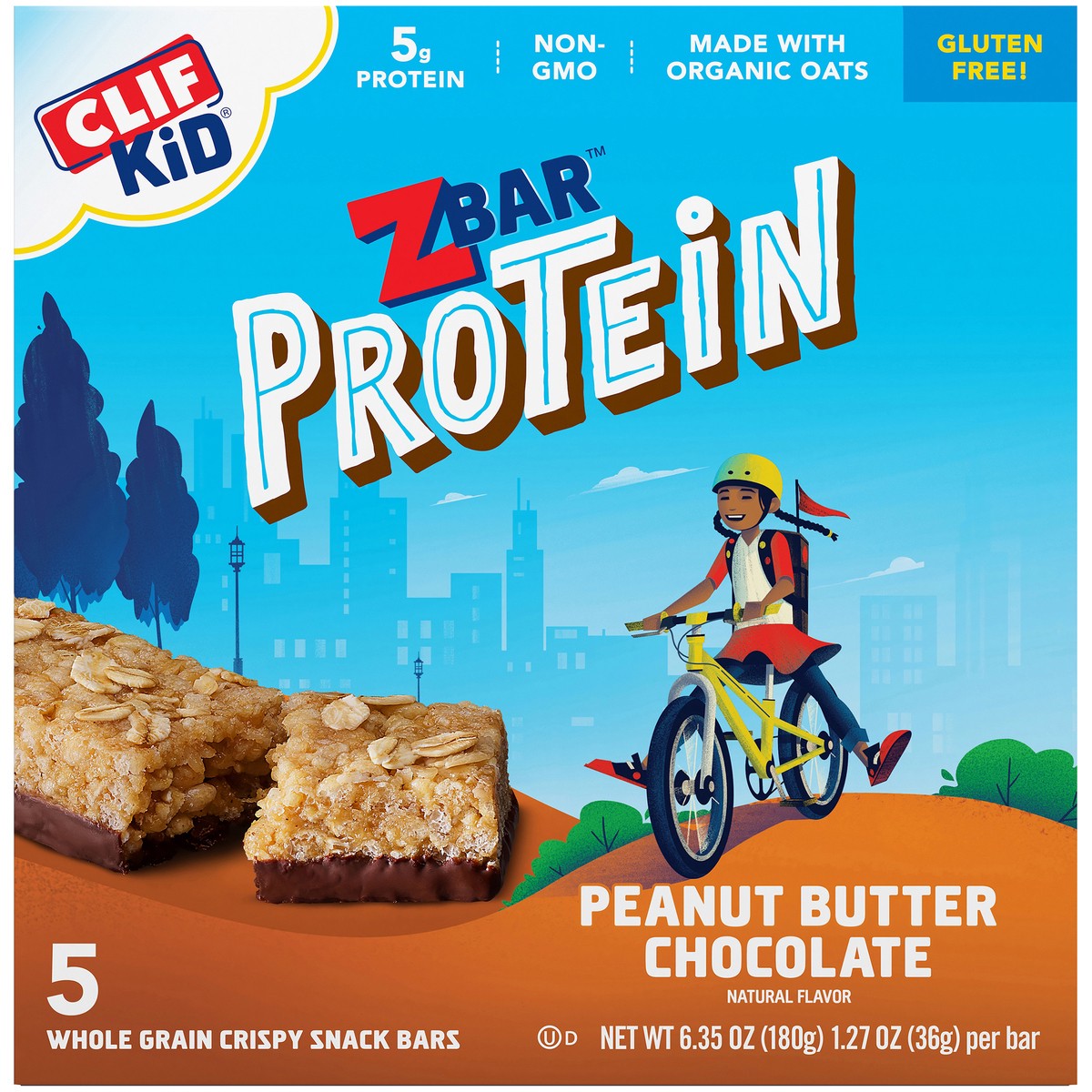 slide 2 of 13, CLIF Kid Zbar™ Protein Peanut Butter Chocolate Whole Grain Crispy Snack Bars 5 ct Box, 6.35 oz